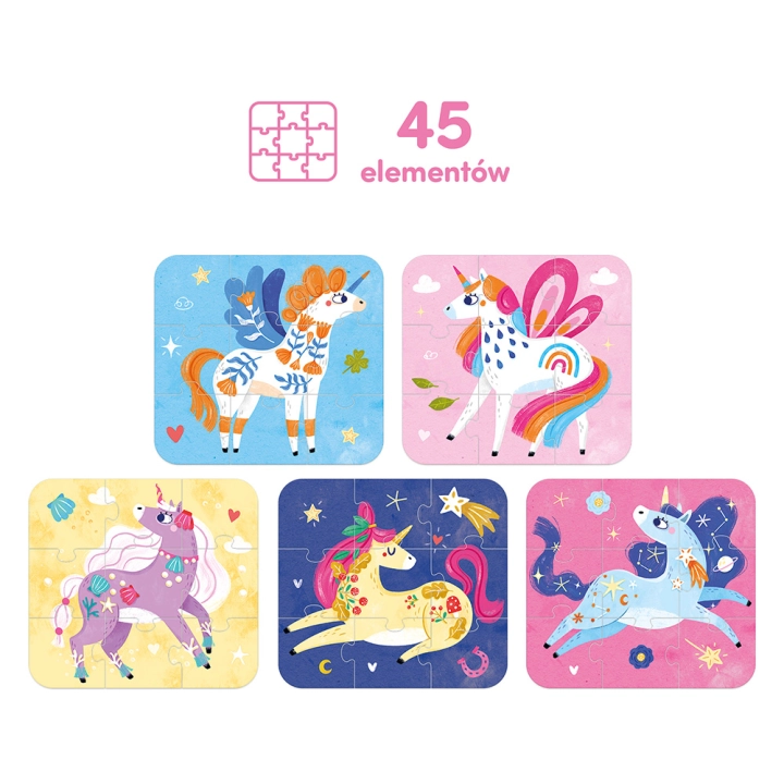 Puzzle Baśniowe Jednorożce dla dzieci 3+, 5x45 elementów