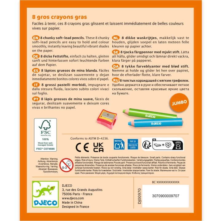Zestaw 8 grubych kredek z temperówką, Djeco